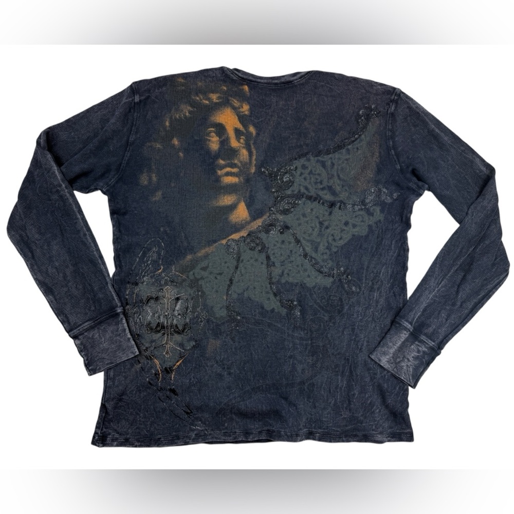 Vintage Y2K Brad Butter Cross AOP Long Sleeve Thermal Black Shirt XL Stones
